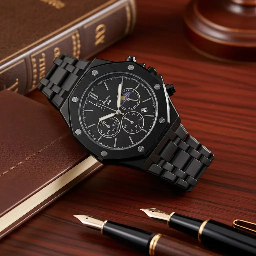 Black Stainless Steel Watch - ChronoLunar All Black by Dapper Watches