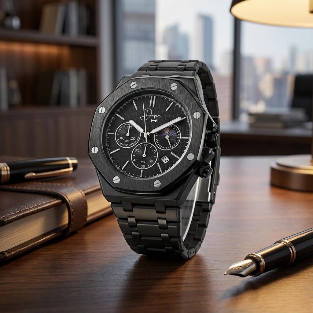 Black Stainless Steel Watch - ChronoLunar All Black by Dapper Watches